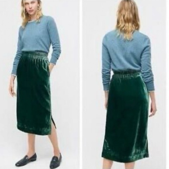 NWT NWT J. Crew Skirt Green Velvet Pull On Midi Holiday Party Christmas O Sz. MT - Picture 1 of 9